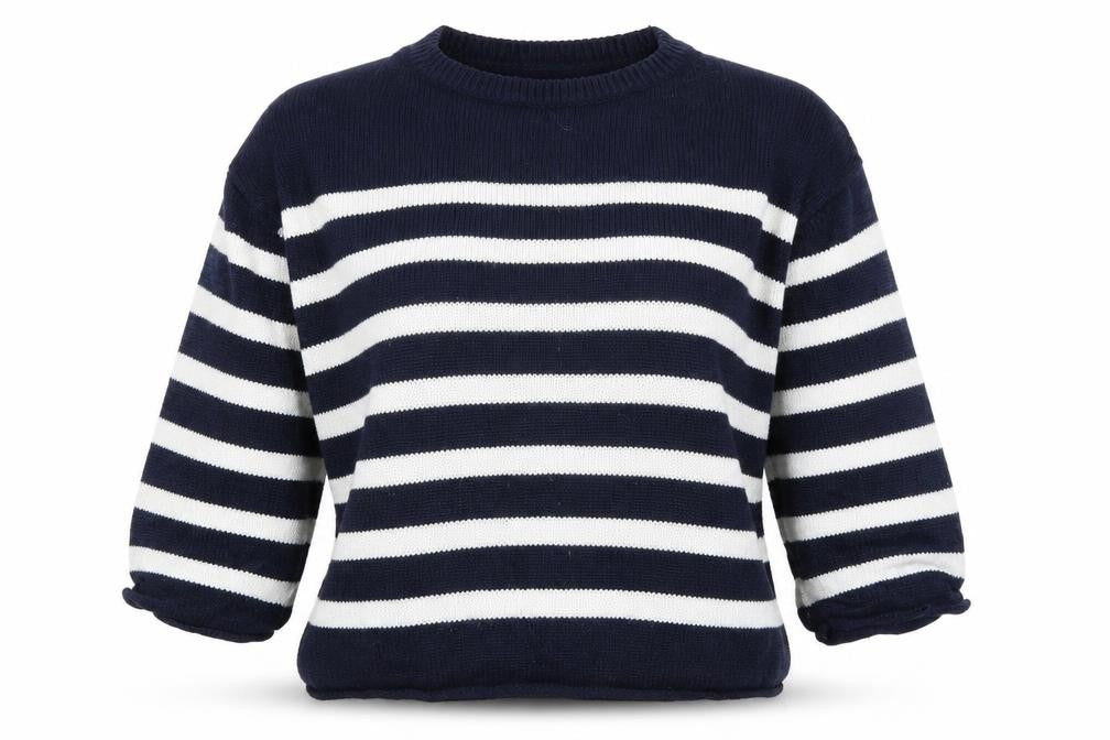 Front view of Dorothy Perkins women’s blue striped jumper, size UK 6