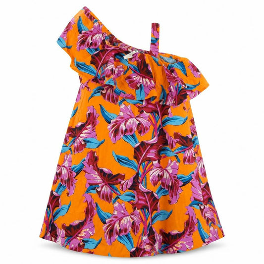 Front view of ASOS women’s orange floral a-line, size UK 8