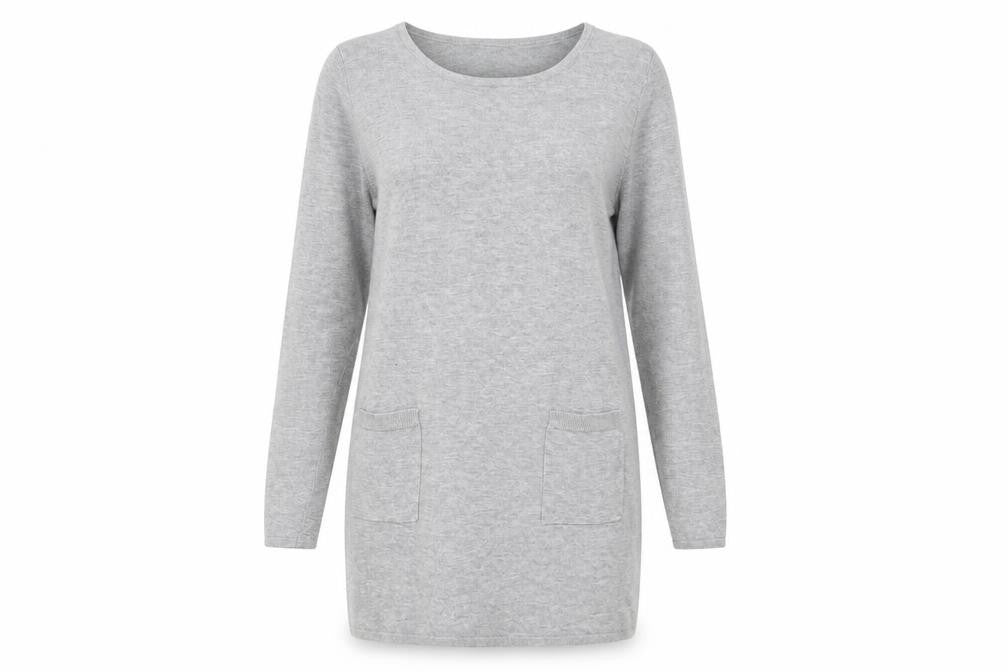 Front view of ESMARA women’s grey knit jumper dress, size UK 10