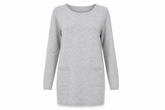 Front view of ESMARA women’s grey knit jumper dress, size UK 10