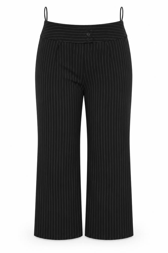 Front view of Kit women’s black striped trousers, size UK 20, 29-inch leg