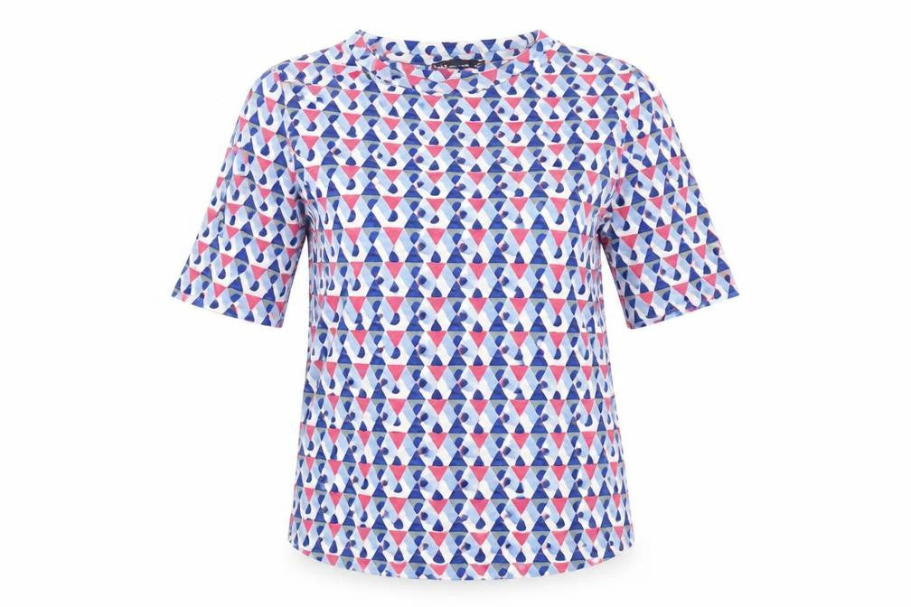 Front view of Marks & Spencer women’s blue geometric basic t-shirt, size UK 10
