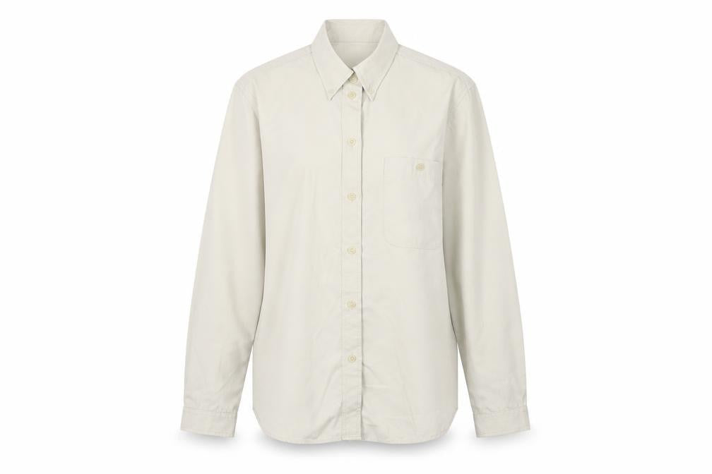 Front view of scoul days women’s beige basic button-up, size M
