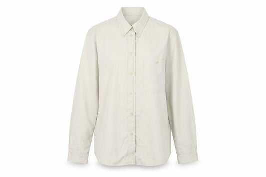 Front view of scoul days women’s beige basic button-up, size M