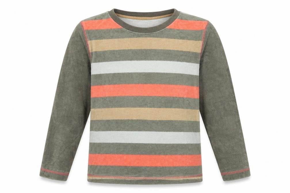Front view of Tout simplement boys’ green striped velour pullover sweatshirt, size 8, years