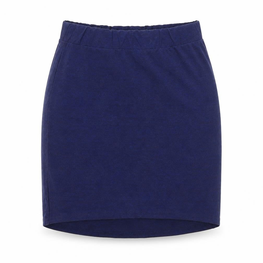 Front view of H&M women’s blue jersey a-line skirt, size S