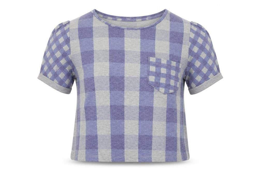 Front view of Topshop women’s blue check jersey basic t-shirt, size UK 6