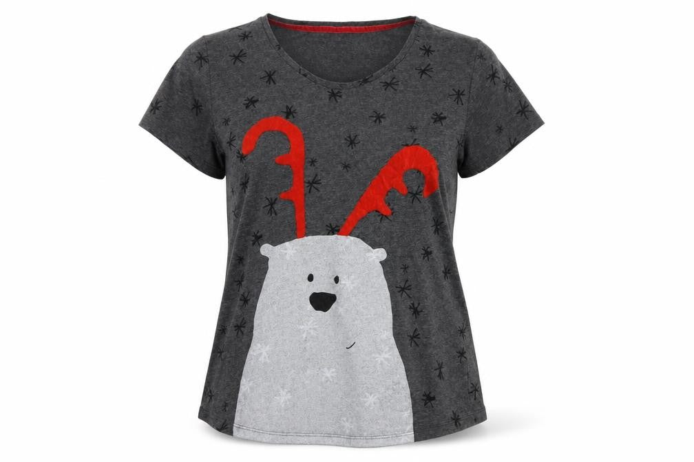 Front view of Next women’s grey solid jersey top pyjama top, size S, - christmas polar bear