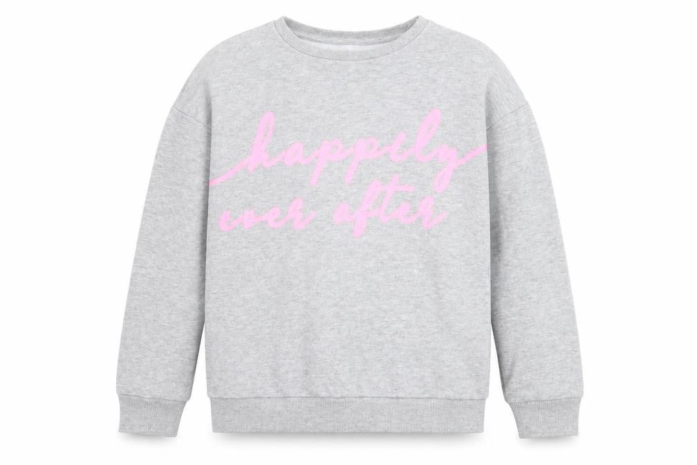 Front view of Blue Zoo girls’ grey jersey pullover sweatshirt, size 7-8, years - happily ever after