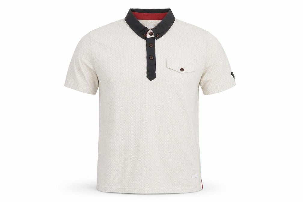 Front view of EN:TT men’s grey geometric jersey polo, size S