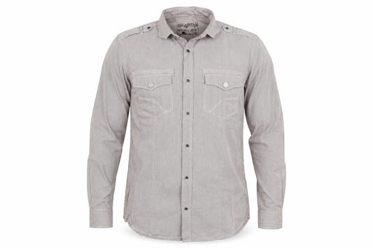 Front view of Next men’s brown striped button-up, size M