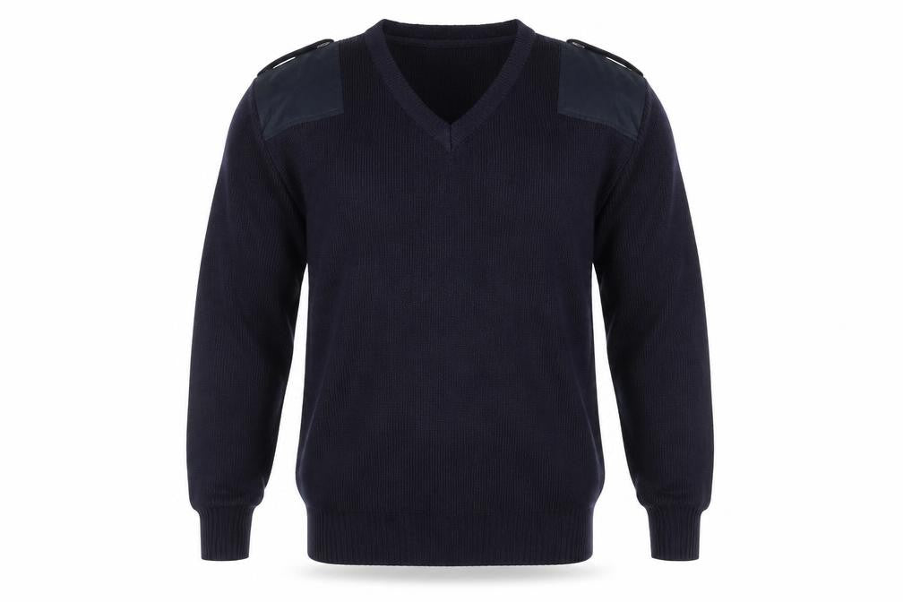 Front view of Economy men’s blue knit jumper, size L