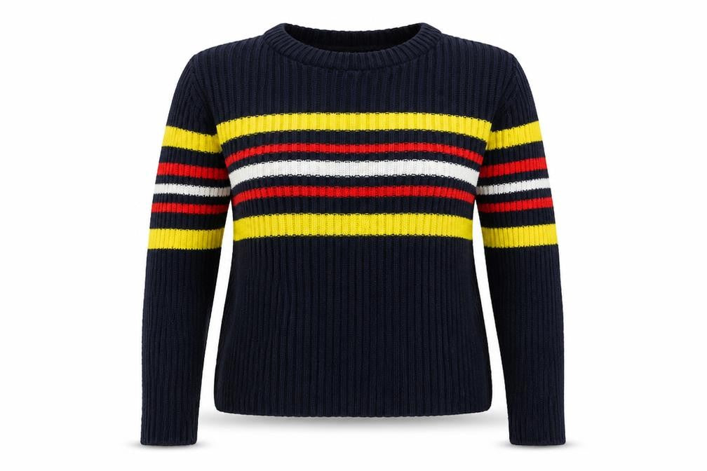 Front view of Daisy Street women’s blue striped knit jumper, size UK 12