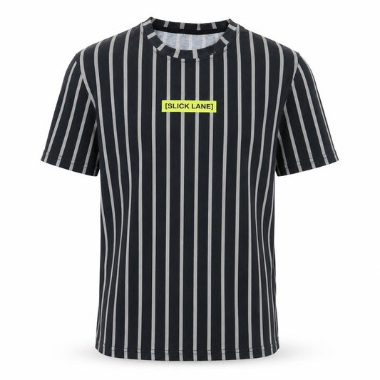 Front view of Slick Lane men’s black striped t-shirt, size S