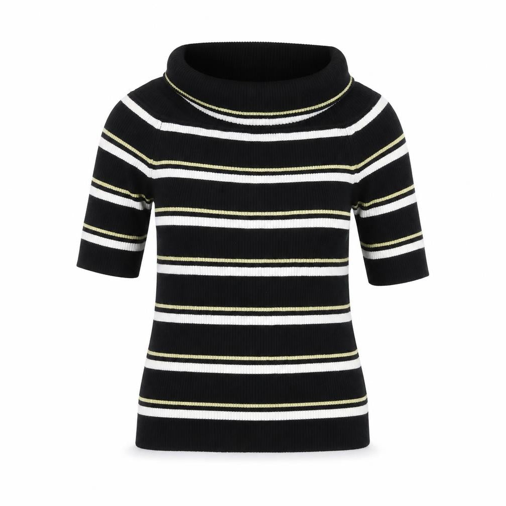 Front view of Next women’s black striped jumper, size UK 12