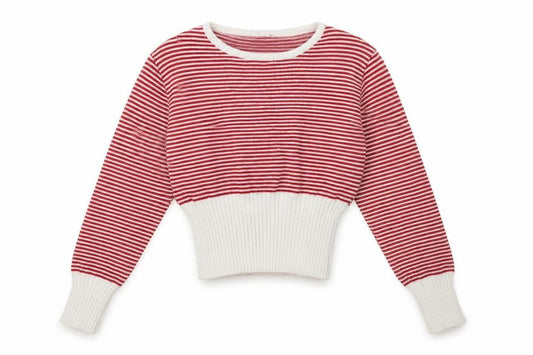 Front view of sissymissy girls’ red striped knit jumper, size 12, years