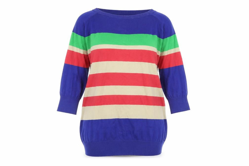 Front view of South women’s blue striped jumper, size UK 14