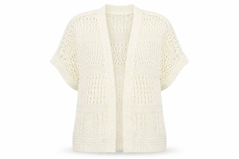 Front view of Tu women’s white cardigan jumper, size UK 10