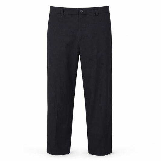 Front view of Preworn men’s black dress pants trousers, size 36, in, 30-inch leg