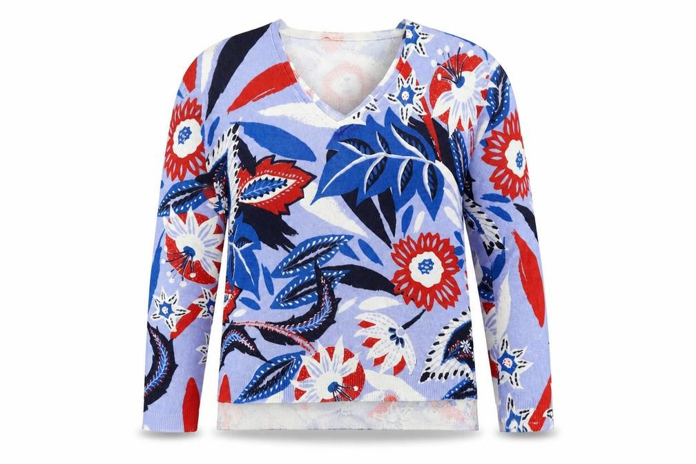 Front view of Marks & Spencer women’s blue floral jumper, size UK 10