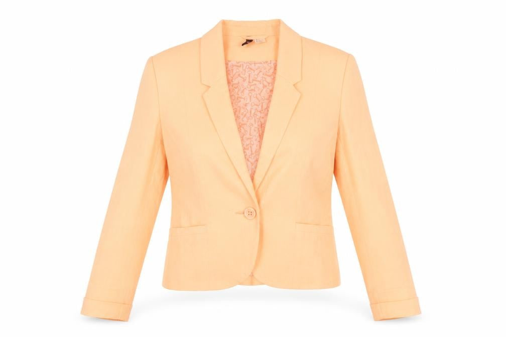 Front view of H&M women’s orange jacket suit jacket, size UK 10, - neon