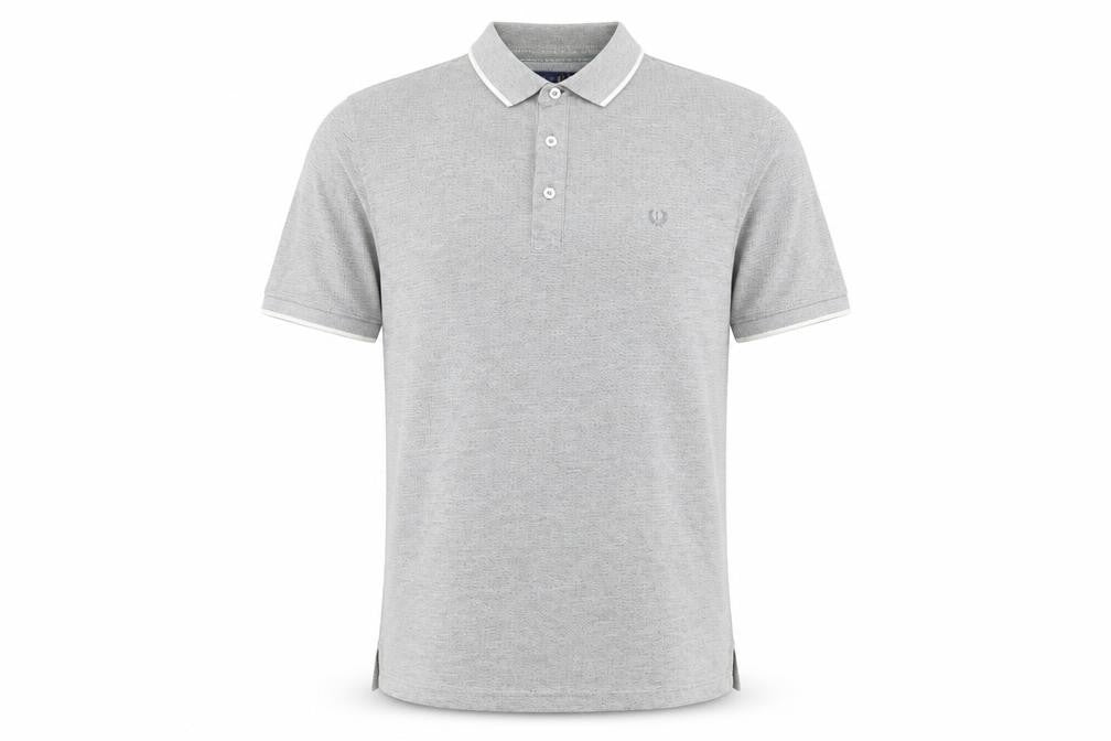 Front view of Lincoln men’s grey polka dot polo, size L