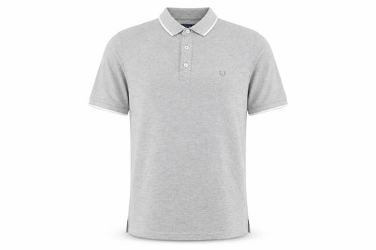 Front view of Lincoln men’s grey polka dot polo, size L