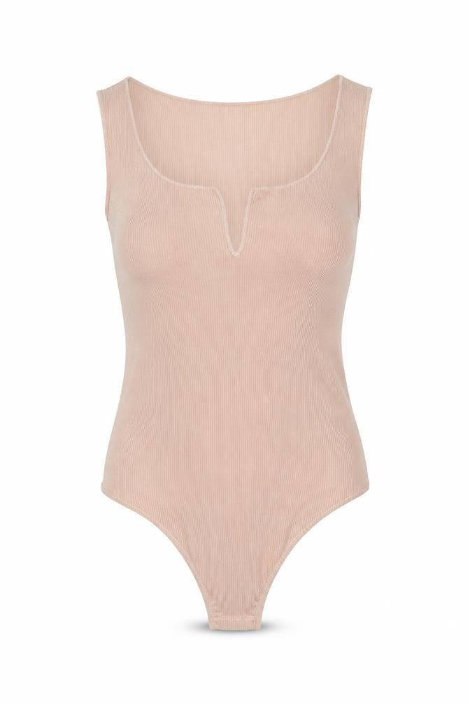 Front view of PRETTYLITTLETHING women’s beige bodysuit one-piece, size UK 6
