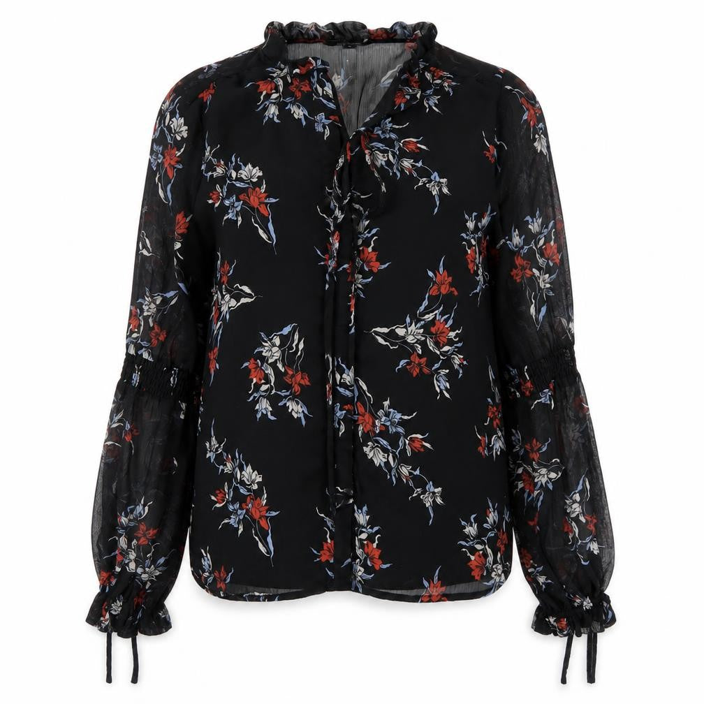Front view of River Island women’s black floral basic blouse, size UK 8