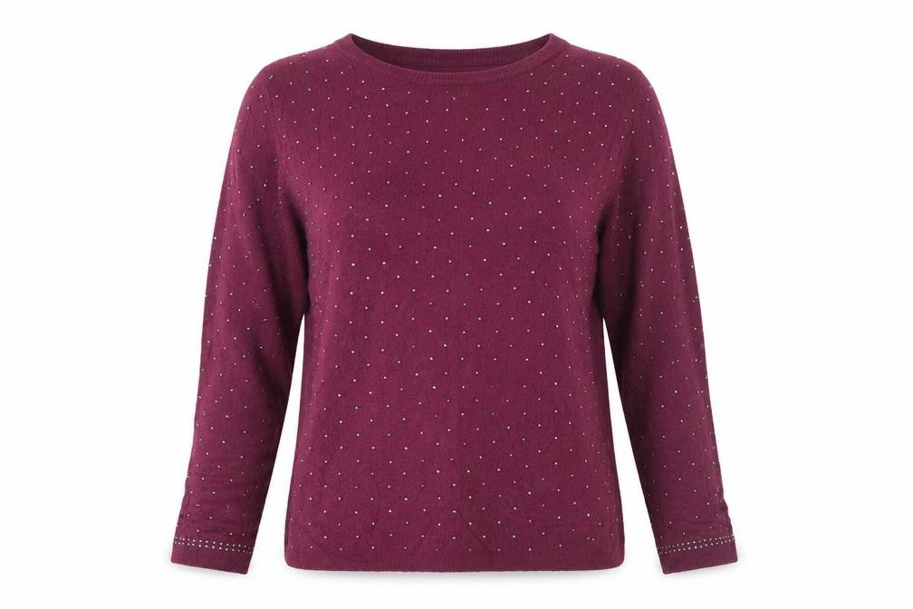 Front view of River Island women’s purple geometric knit jumper, size UK 12