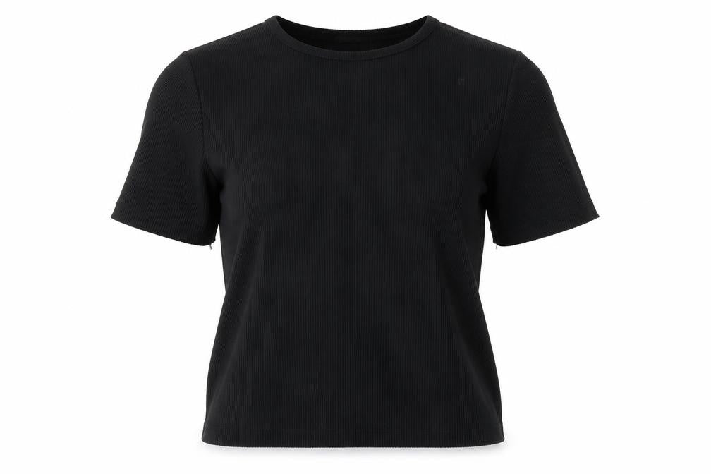 Front view of Boohoo women’s black basic t-shirt, size UK 4