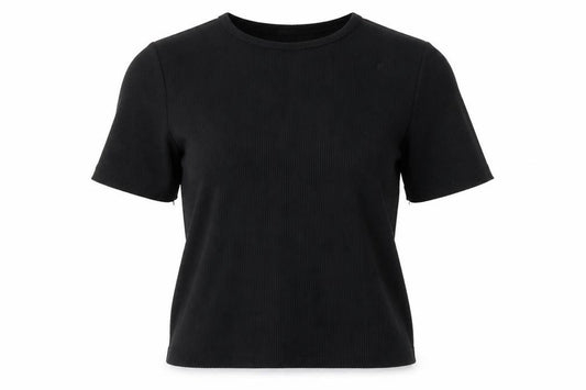 Front view of Boohoo women’s black basic t-shirt, size UK 4