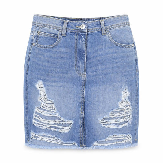 Front view of Parisian Signature women’s blue denim straight & pencil skirt, size UK 8, - distressed