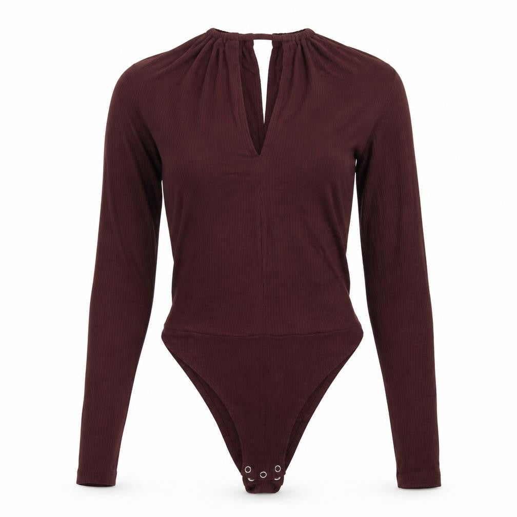 Front view of Topshop women’s purple bodysuit one-piece, size UK 8