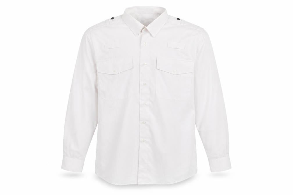 Front view of Churchill men’s white button-up, size 15.5