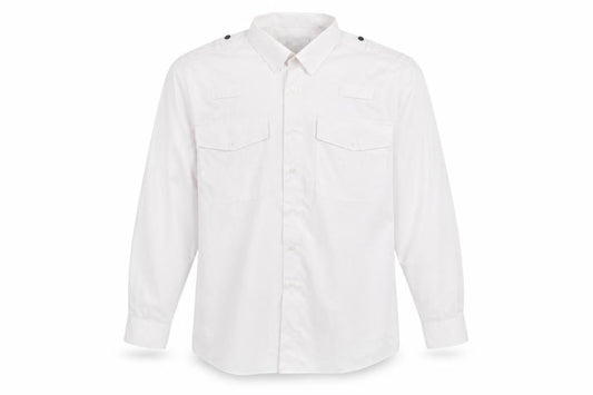 Front view of Churchill men’s white button-up, size 15.5