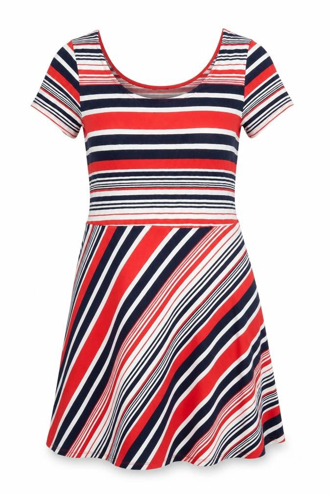 Front view of ESMARA women’s red striped fit & flare, size L