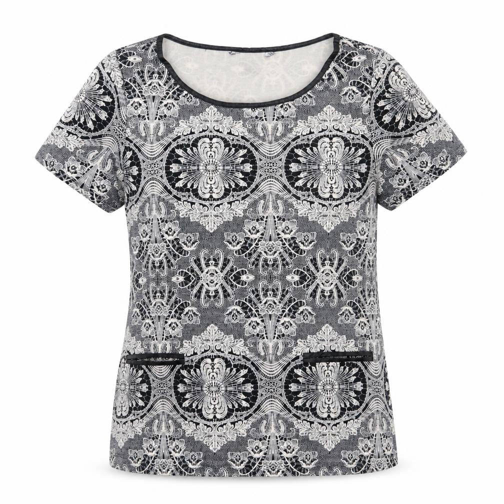 Front view of Dorothy Perkins women’s black geometric basic t-shirt, size UK 10