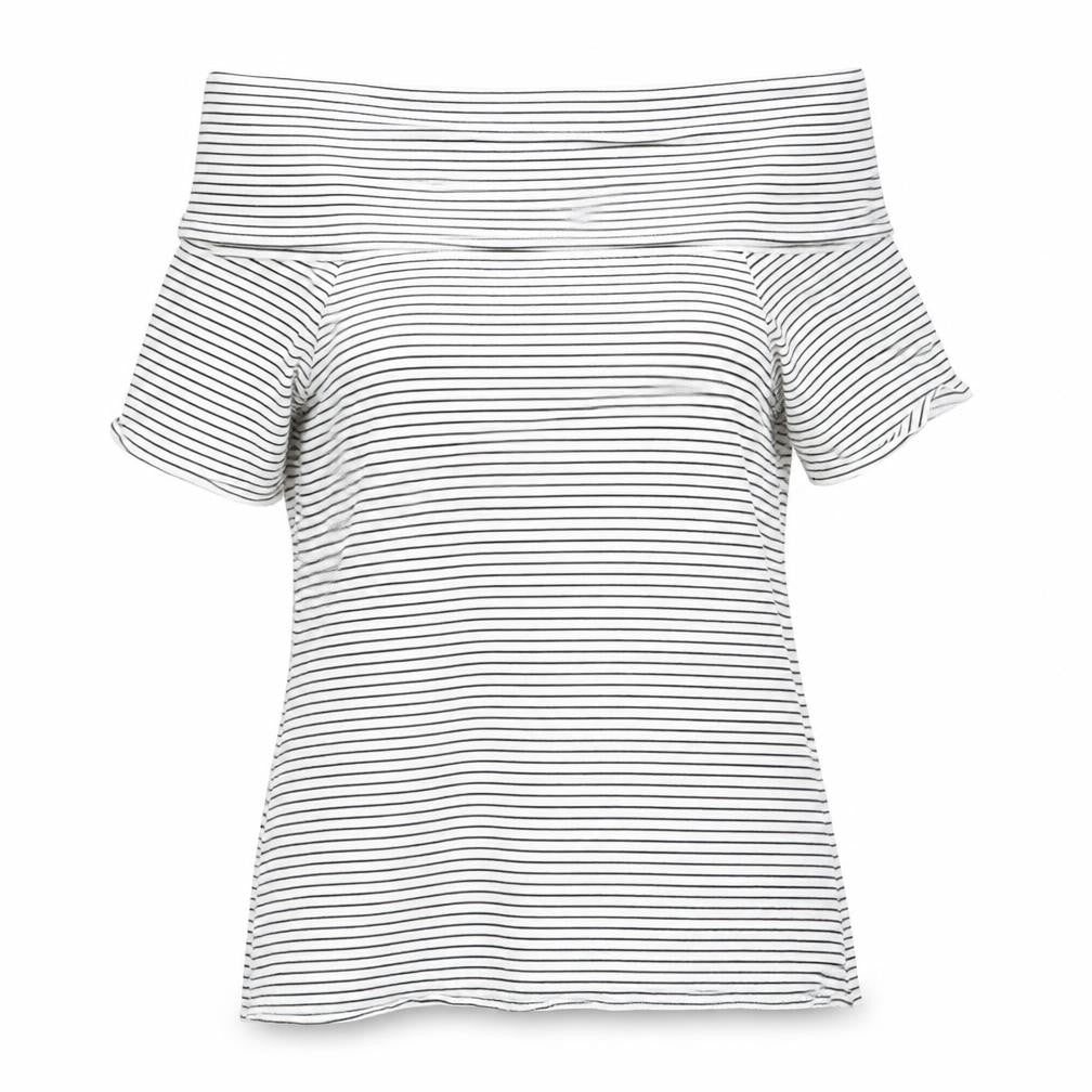 Front view of love tees women’s white striped basic t-shirt, size UK 14