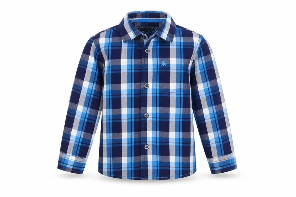 Front view of Rebel boys’ blue check basic button-up, size 3-4, years