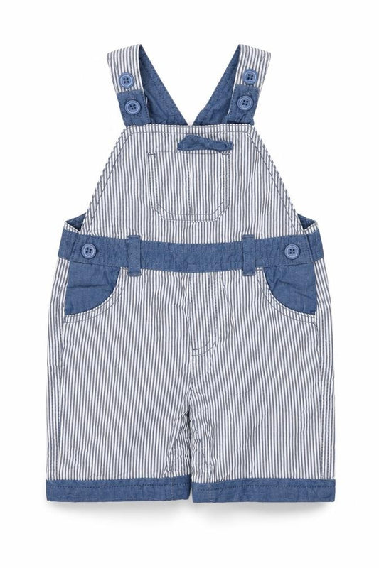 Front view of Matalan boys’ blue striped dungaree one-piece, size 6-9, months