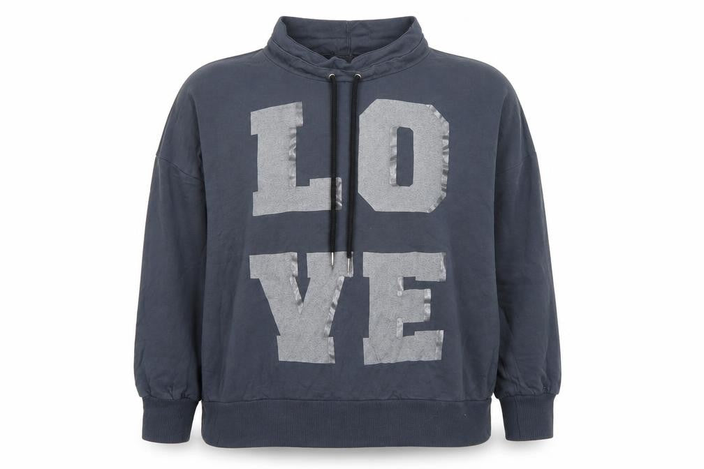 Front view of Postcard women’s blue pullover sweatshirt, size S, - love