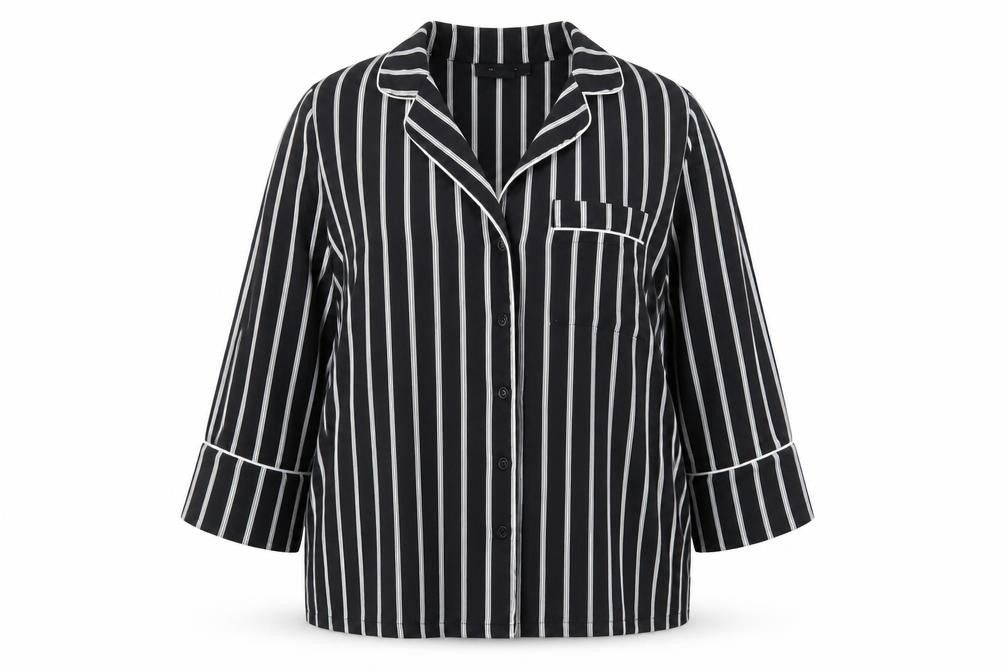 Front view of Atmosphere women’s black striped basic button-up, size UK 12