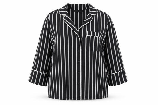 Front view of Atmosphere women’s black striped basic button-up, size UK 12