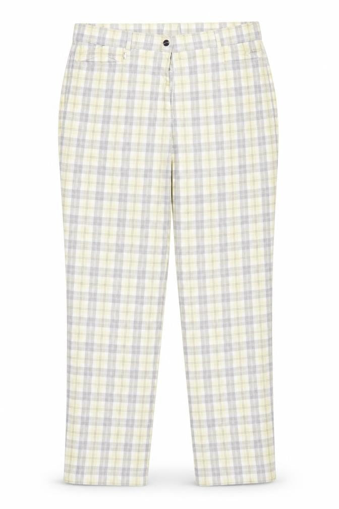 Front view of Zefrees women’s yellow check trousers, size UK 14, 20-inch leg
