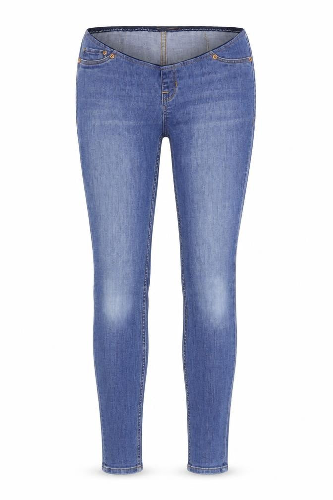 Front view of H&M women’s blue skinny jeans, size S, 28-inch leg