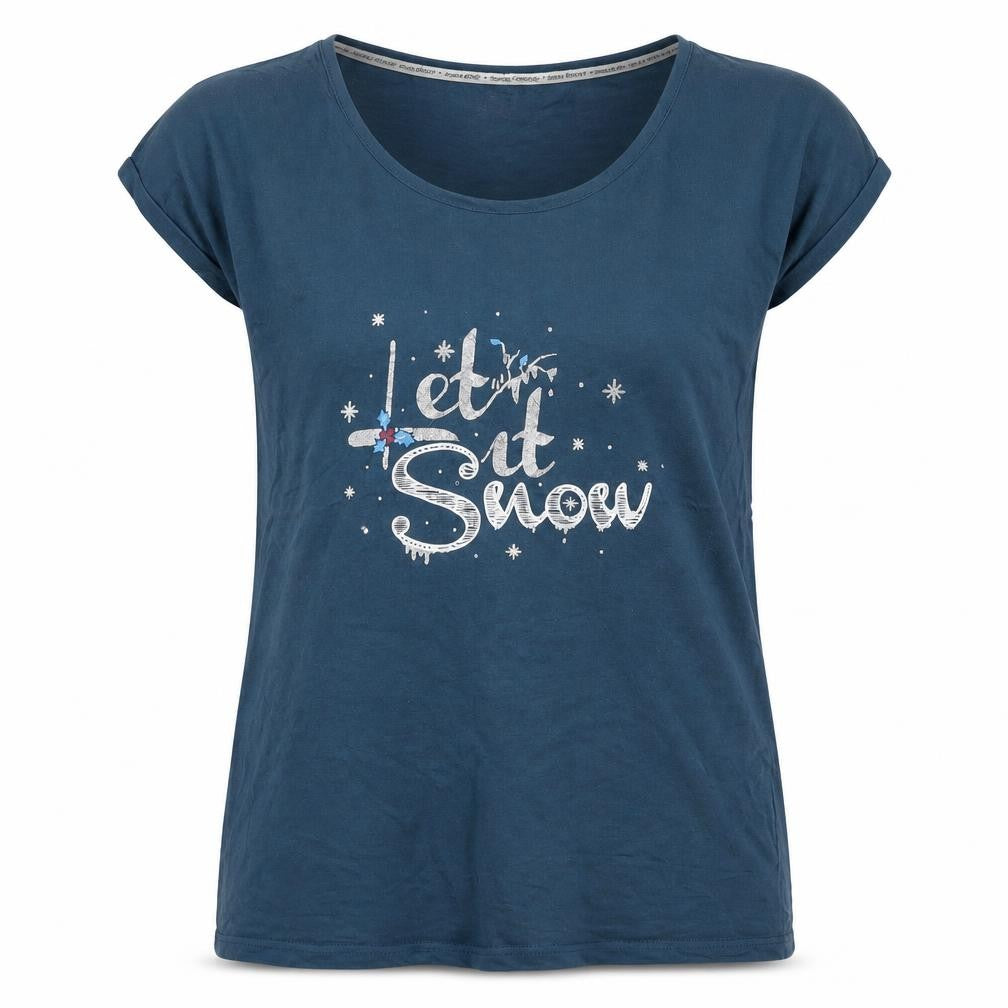 Front view of Avon women’s blue houndstooth basic t-shirt, size UK 10, - let it snow