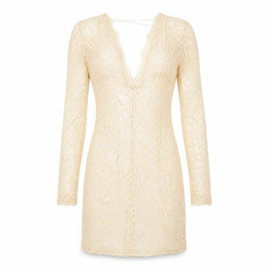Front view of Pink Boutique women’s beige floral a-line, size UK 10