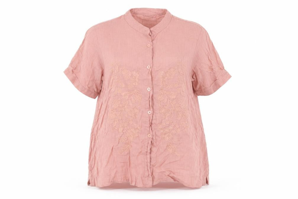 Front view of Preworn women’s pink floral basic blouse, size S