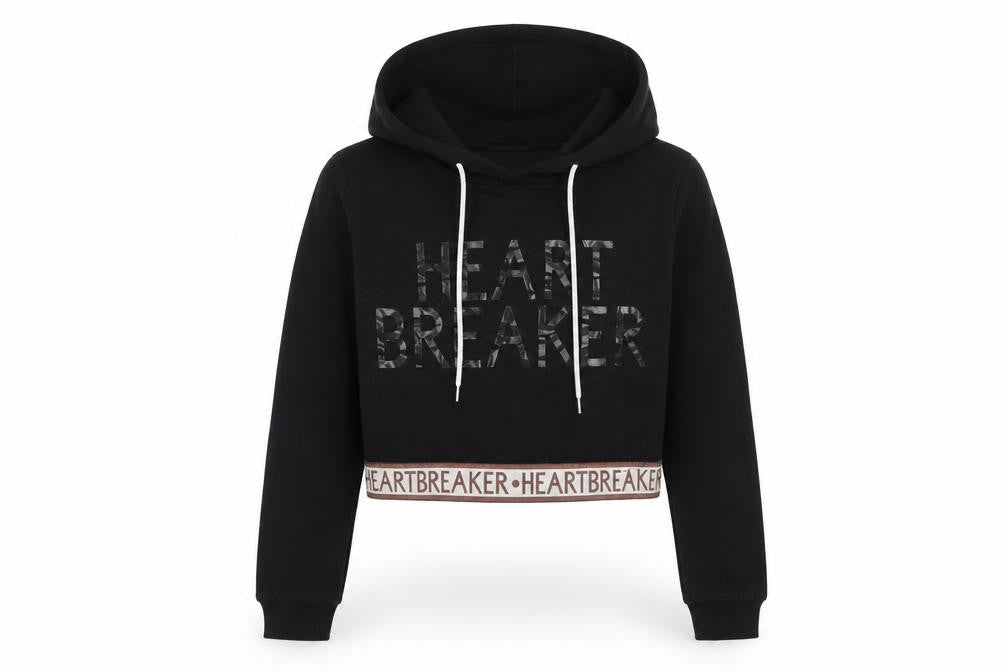 Front view of Select women’s black pullover hoodie, size UK 8, - heart breaker